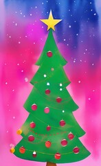 Digital watercolor painting christmas tree. Glowing decorations and celebration happiness 