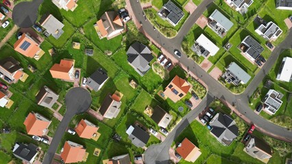 Aerial shot of a holiday home complex with similar tiny houses