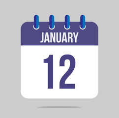 12 january calendar vector. Calendar icon for january with marked date. Design for schedules, meetings and appointments
