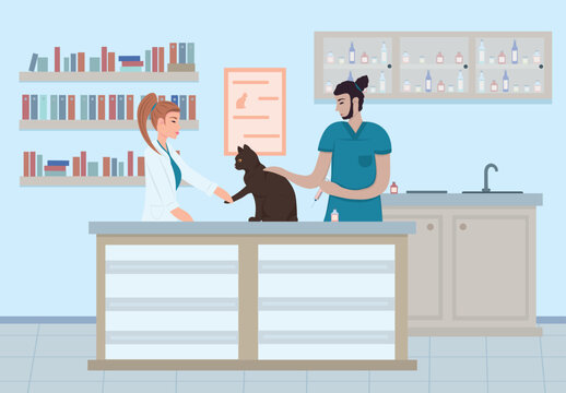 Vet clinic. Depicted on the side are doctors giving an injection to a cat. Treatment of animals. Clinic interiors