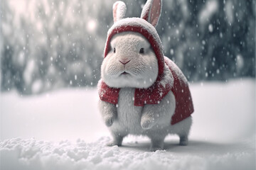 Little tiny bunny dressed up as Santa claus on snowing background.