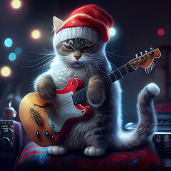 Cat with Christmas hat with a guitar, celebration