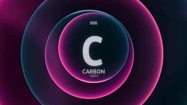 Carbon as Element 6 of the Periodic Table. Concept animation on abstract purple blue gradient rings seamless loop background. Title design for science content and infographic showcase backdrop.