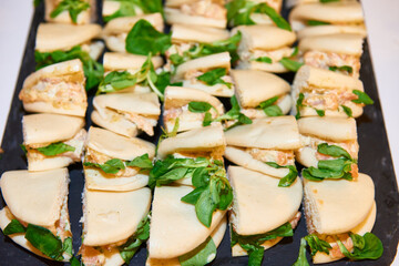 Tray of mini sandwiches for a cocktail.