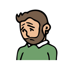 A young man with a distressed expression on his face. Sadness, disappointment, bad emotion. Cartoon vector comic art illustration isolated on white background. Hand drawn outline