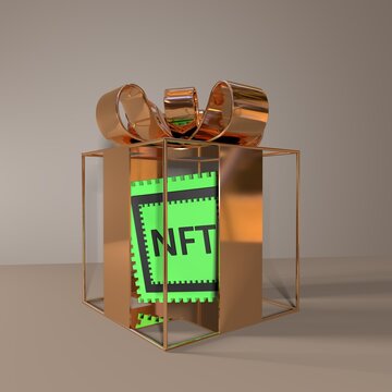 NFT bonus. NFT gift in a gift box. 3d render