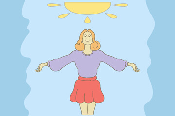 Woman happy. Joy. Woman with loose hair. Character with open arms. Hand drawn style vector illustrations. Line character design.