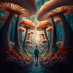A person walking through a mushroom forest - generative ai