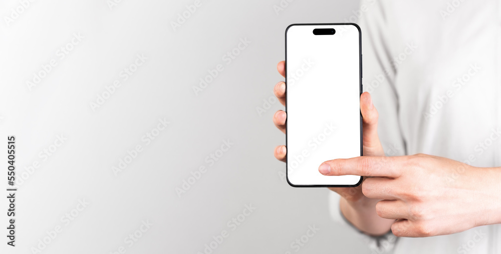 Poster hand clicking on new mobile phone screen mockup, smartphone display mock up on ad banner background