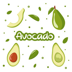 Whole avocado with leaves, half and slice. Cute collection. Fresh illustration set. Isolated on white background. Flat style.Ideal for poster, banner, background, menu, package, sticker, print.