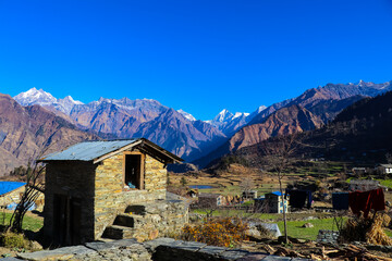 Fototapeta na wymiar Nepal Village Tourism for Trekking in Api Base Camp Api HImal Trekking HImalayas, Darchula, Nepal