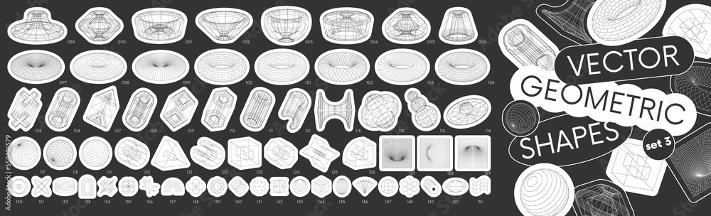 Aufkleber Set stickers with different linear form collection strange wireframes vector 3d geometric shapes, design elements inspired by brutalism, distortion and transformation of figure set 3