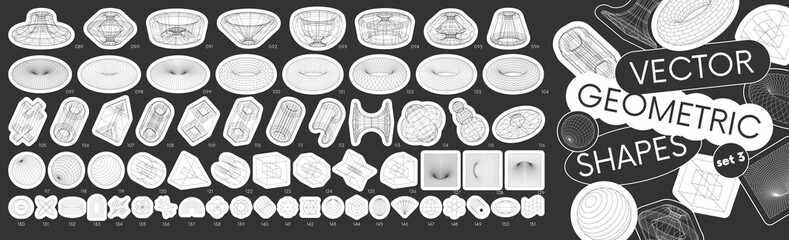 Set stickers with different linear form collection strange wireframes vector 3d geometric shapes, design elements inspired by brutalism, distortion and transformation of figure set 3