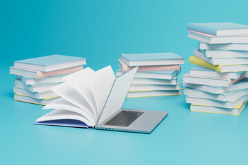 online learning at school or university. stacks of books and an open book with a laptop. 3D render