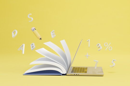 online learning. an open book with a laptop around which letters and numbers fly on a yellow background. 3D render