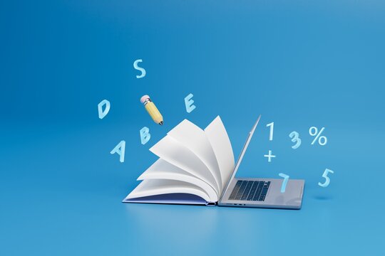 online learning. an open book with a laptop around which letters and numbers fly on a yellow background. 3D render