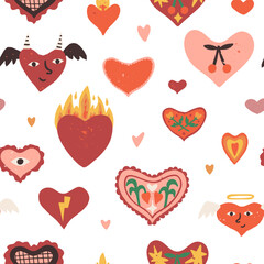 Cute, Funny Valentine's day retro vector seamless pattern. Various heart repeat with characters like angels and devils.