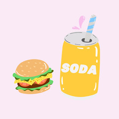 Cute illustration with  soda and burger. Fast food concept. Graphic design elements for menu, packaging, advertising, poster. Isolated vector illustration