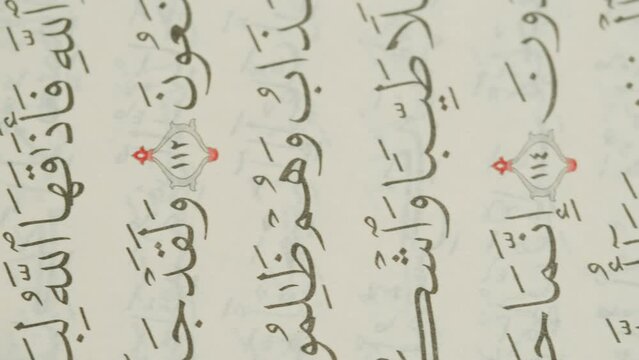 The Holy Quran Book, koran Chapter, flipping pages Close up Macro.