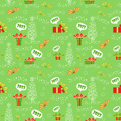 Christmas vector seamless pattern with gift boxes, chrismas tree and snowflakes on green background. New year vector design. Wrapping paper for Christmas gift boxes