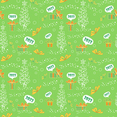 Christmas vector seamless pattern with gift boxes, chrismas tree and snowflakes on green background. New year vector design. Wrapping paper for Christmas gift boxes