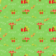 Christmas vector seamless pattern with gift boxes and snowflakes on green background. New year vector design. Cartoon style. Wrapping paper for Christmas gift boxes