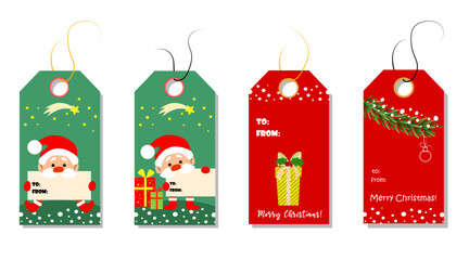 Christmas tags cute collection. Labels with christmas tree, gift, and Saint Claus. Vector illustration