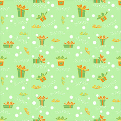 Christmas vector seamless pattern with gift boxes and snowflakes on green background. New year vector design. Wrapping paper for Christmas gift boxes