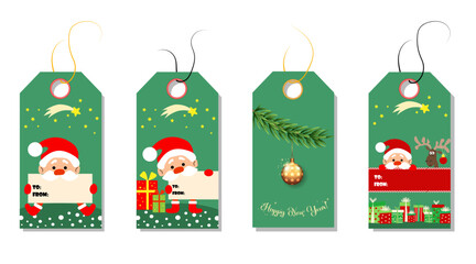Christmas tags cute collection. Labels with christmas tree and Santa Claus. Vector illustration