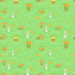 Christmas, holiday, vector seamless pattern with gift boxes, bunny, rabbit and snowflakes on green background. New year vector design. Wrapping paper for Christmas gift boxes