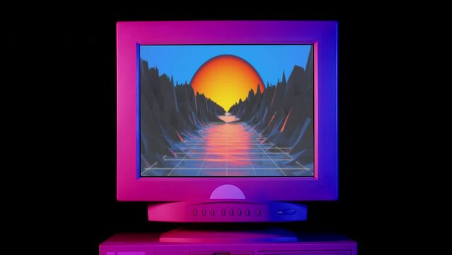 Retro pc with chroma key green screen, Old computer studio close-up, Desktop vintage retro wave display, late 90s PC mock up for 3d motion design and advertising. 