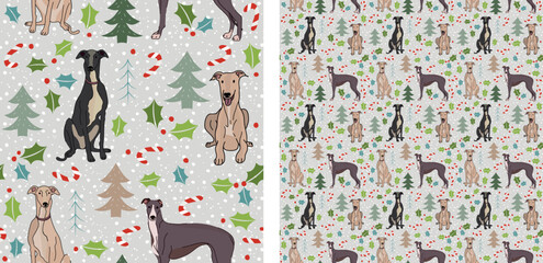 Seamless dog pattern, winter Happy Christmas texture. Square format, t-shirt, poster, packaging, textile, socks, textile, fabric, decoration, wrapping paper. Trendy hand-drawn  Greyhound dog breed.