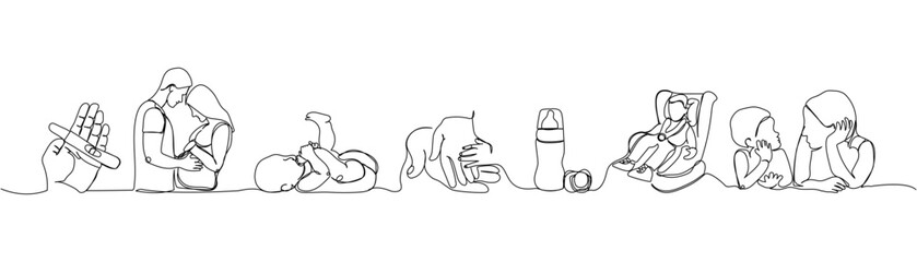 Pregnancy, family, childbirth, love, baby, son, daughter set one line art. Continuous line drawing of pregnancy, motherhood, preparation for childbirth, family, expectation of a child.