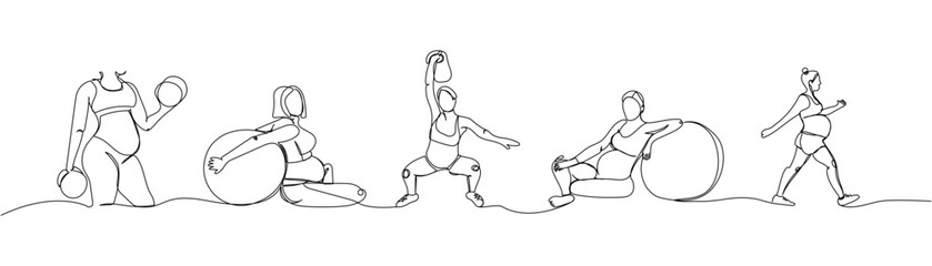 Set of pregnant women doing sports before birth fitness one line art. Continuous line drawing of pregnancy, sports, fitness, preparation for childbirth, strength training.