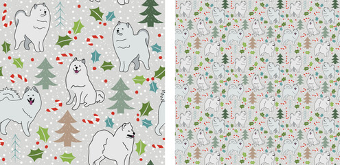 Seamless dog pattern, winter Happy Christmas texture. Square format, t-shirt, poster, packaging, textile, socks, textile, fabric, decoration, wrapping paper. Trendy hand-drawn  Samoyed dog breed.
