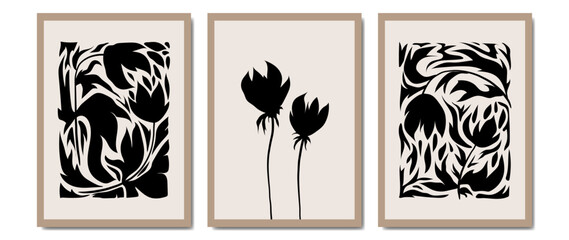 Set of abstract botanical art, thin art nouveau illustration. Black and white flowers on a beige background, in broken lines. Retro modern trend for interior design, decor, print, print, postcard.