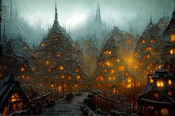 Fototapeta na wymiar fantasy epic darkwood viking wintry forest village, intricate sprawling wacky wondrous mythic wonders background.