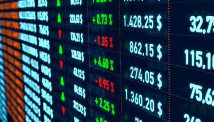 Spreadsheet with financial data on the screen. Monitor with business information, percentage signs, numbers, stock prices and changes. Investment, financial figures and market data. 3D illustration