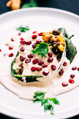 Temporary delicious dish in Mexico, chile en nogada with pomegranate on black background.