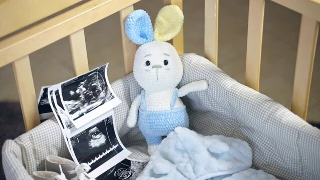 Wooden baby crib prepared for childbirth, ultrasound scan baby pictures, knitted bunny toy and baby shoes inside the crib, parents ready for their beloved baby boy arrival, parenthood and family