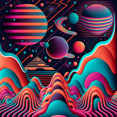 Obraz premium Retro Syntwave Space repeating pattern