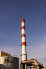 Red and white pipe of plant against background of blue sky