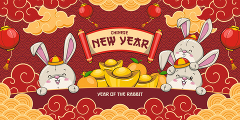 Chinese New Year 2023 With Cute Rabbit And Gold Ingot. Year Of The Rabbit Banner