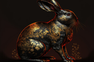 Black rabbit, Chinese illustration style. Year of the rabbit. Gold, black and red.