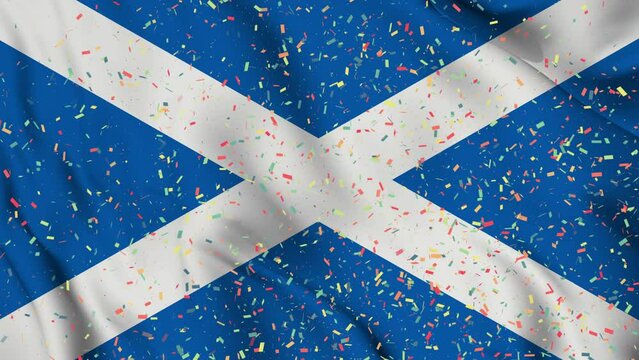 Scottish flag seamless animation with paper confetti. Best stock of Scotland flag nation wave. Independence day, a celebration with confetti and flag background Waving in the Wind Continuously