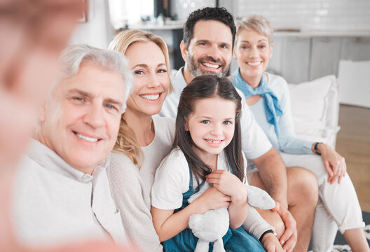 Big family, happy and selfie on home sofa with grandparents, parents and child together. Relax, family home and photograph memory in Australia house with mother, dad and senior relatives.