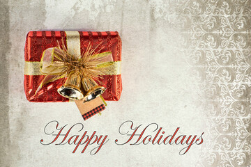 Holiday Greeting Card with Small Red Gift Box with Happy Holidays Text