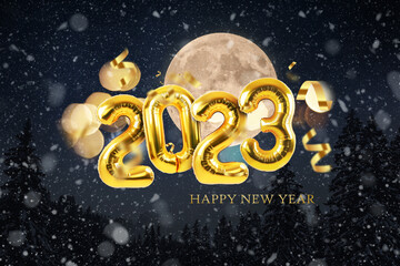 Golden balloons 2023 New Year with confetti and bokeh lights in the night winter forest with snow...
