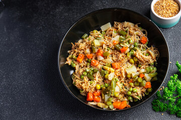 vegetarian rice noodles vegetables veggie vegan food asian food ready to cook delicious snack healthy meal food snack on the table copy space food background rustic top view