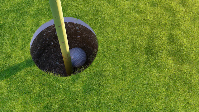 3d illustration of a golf ball in a golf hole with a flag. An image about hole in one.  
